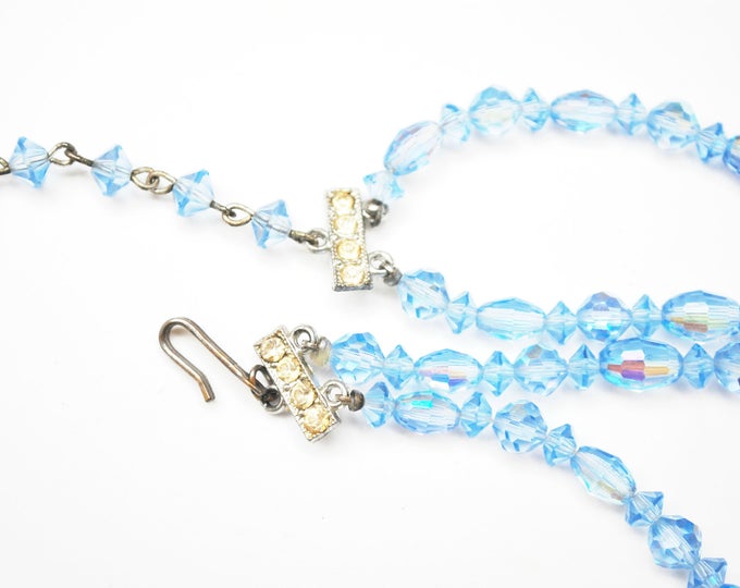 Graduated Bead Necklace - Light Blue facet cut crystal - Glass Beads - Rhinestone clasp