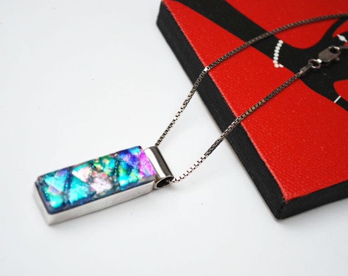 Dichroic Fused Glass Necklace - Sterling silver - Mexico Pendant- Italy chain Blue green Aqua Purple art glass necklace