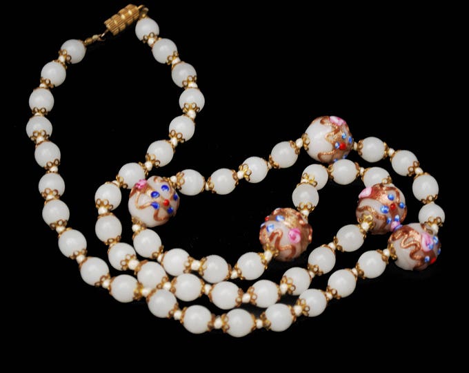 White Italian Bead necklace - Wedding cake - floral white Glass beads - Brass - Venitian - Murano - vintage - gift for her