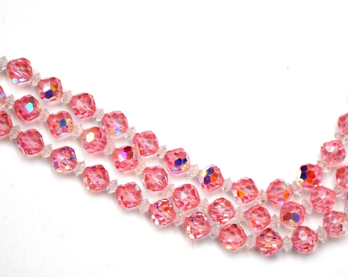 Pink Crystal Bead Bracelet - Multi strand - Clear Rhinestone Clasp - Vintage facet cut glass Beads