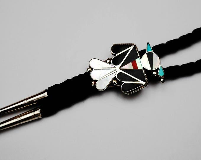 Thunderbird Bolo Tie - Gemstone inlay- Turquoise Onyx Coral Mother of Pearl - Leather - Sterling - SouthWestern - Zuni Tribal