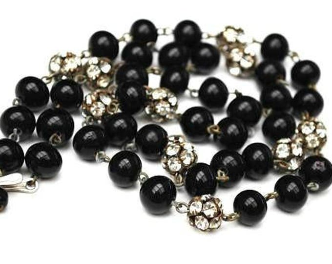 Black Glass bead Necklace - Rhinestone Rondelle - vintage silver crystal beads - 25 inches