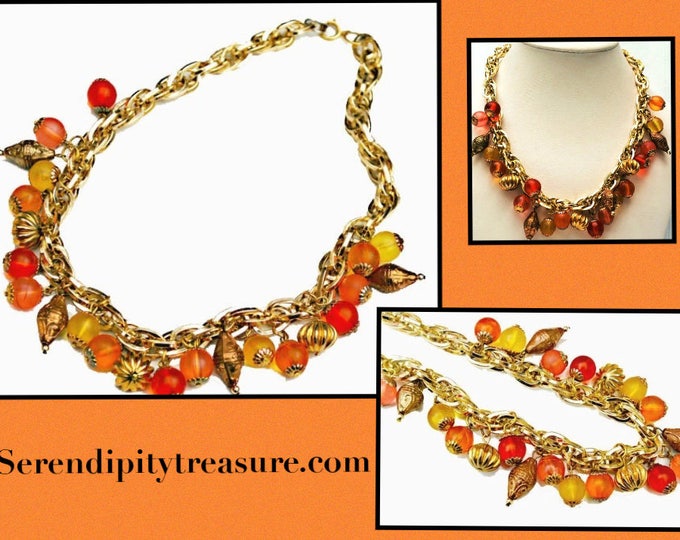 tutti fruiti bead Necklace - colorful Lucite Bead - orange yellow - gold chain collar necklace