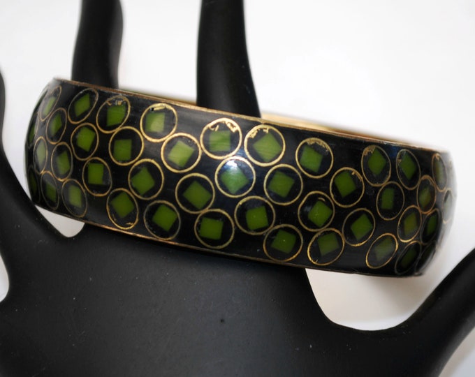 Brass bangle - Green Enameling Gold Polka dot -Boho bracelet