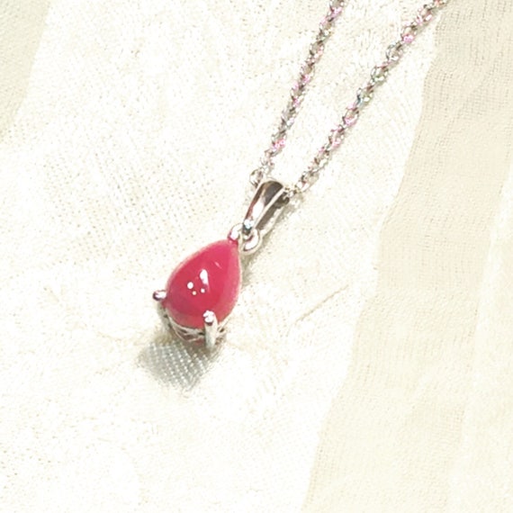 Natural Ruby Teardrop Necklace In Platinum Handmade By