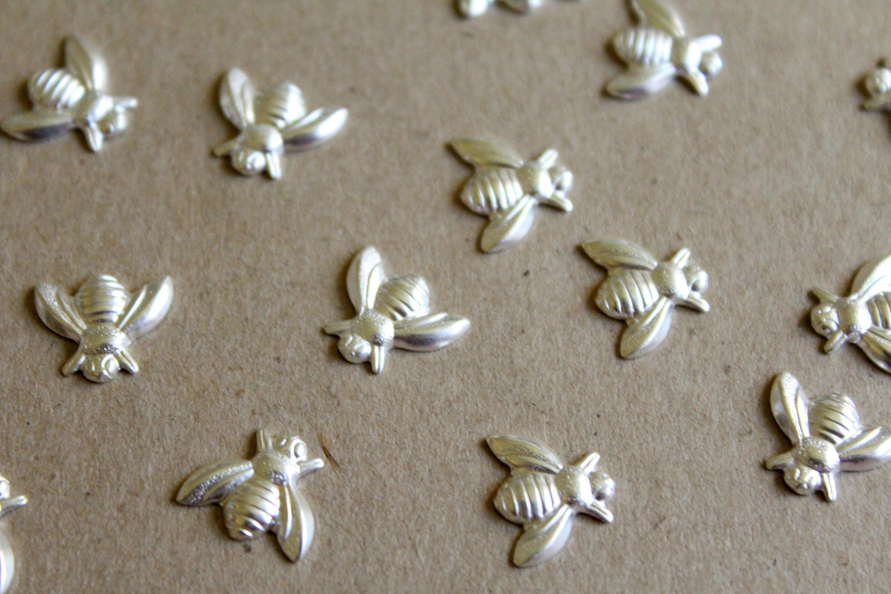 8 pc. Medium Silver Plated Brass Bees 12mm by 10.5mm made