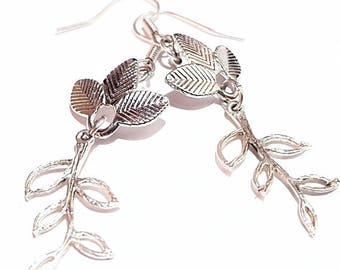 Silver leaf branch dangle earrings