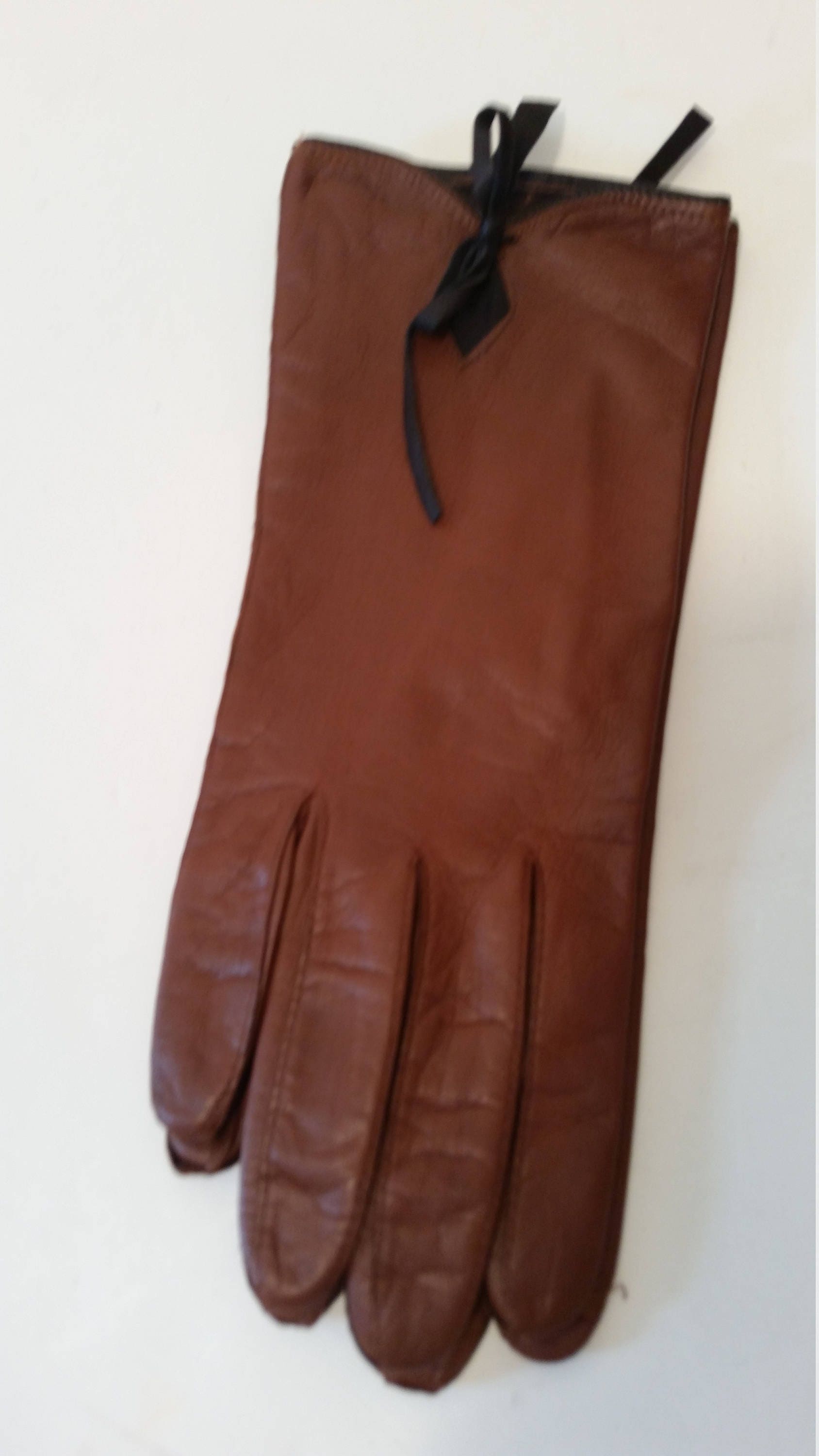 Vintage Gloves Brown Kid Leather Wrist Length Silk Lined Dress