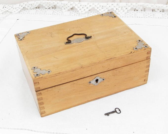 Antique French Beech Wood Box with Working Lock and Key Handle Decorative Corners Dovetail Joints, Locking, Jewelery, Trinket Box, Casket Antique French Beech Wood Box with Working Lock and Key Handle Decorative Corners Dovetail Joints, Locking, Jewelery, Trinket Box, Casket