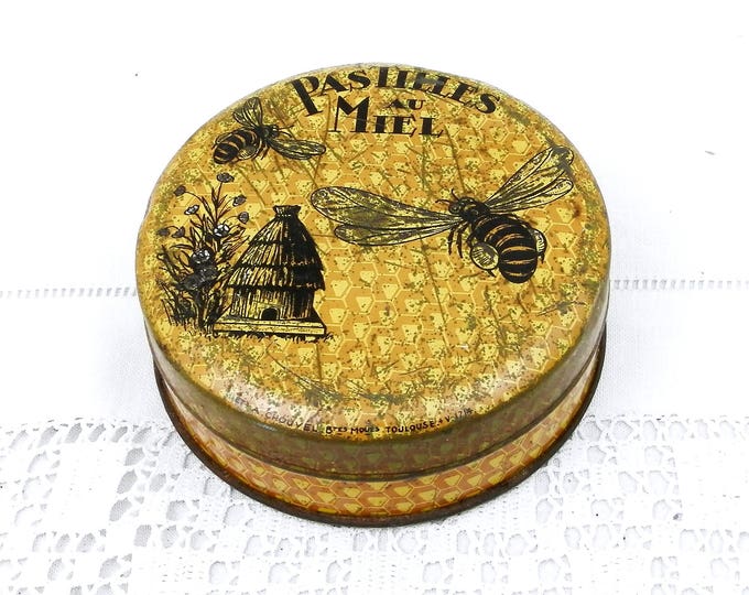 Vintage Yellow Honey Candie Lozenges Metal Tin with Bees and Hive Pattern from France, French Medicinal Tablets, Pastilles de Miel