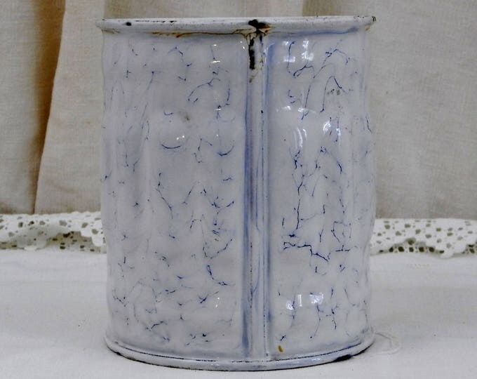Antique French Chippy White and Blue Marbled Enamel Sugar Canister with Gothic Lettering, French Country Kitchen Enamelware Decor