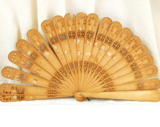 Rare Antique Swiss Wooden Sycamore Fretwork Fan with Switzerland's Town / Regions Coats of Arm / Crest / Blazon and Women in Regional Dress