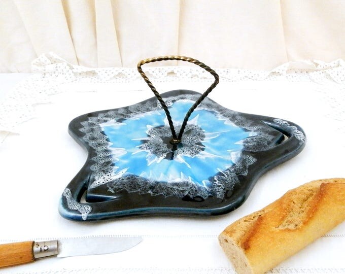 Vintage French Vallauris Mid Century Blue Glaze Cheese Platter, Retro Serving Plate with Blue Lava Style Glaze From France Cote D'Azur