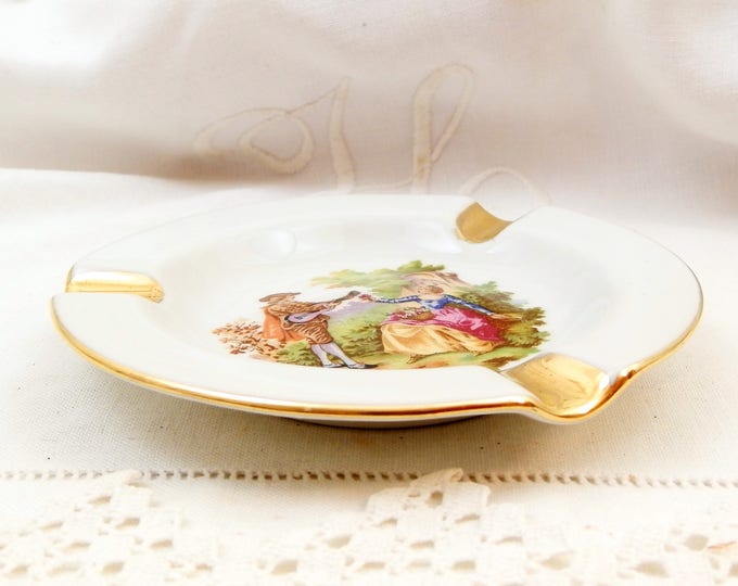 Vintage French Limoges Porcelain D'Art Ceramic Ashtray with Romantic Scene, White Gold Glaze, Bone China Ash Tray from France, Trinket Bowl