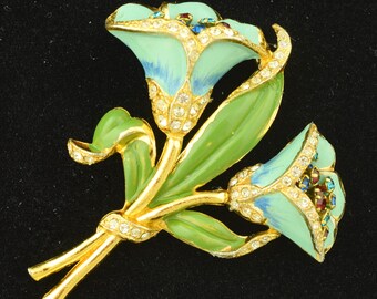 Vintage Flower Brooch Enamel Rhinestone 1930s / 40s ~ Lot 1540