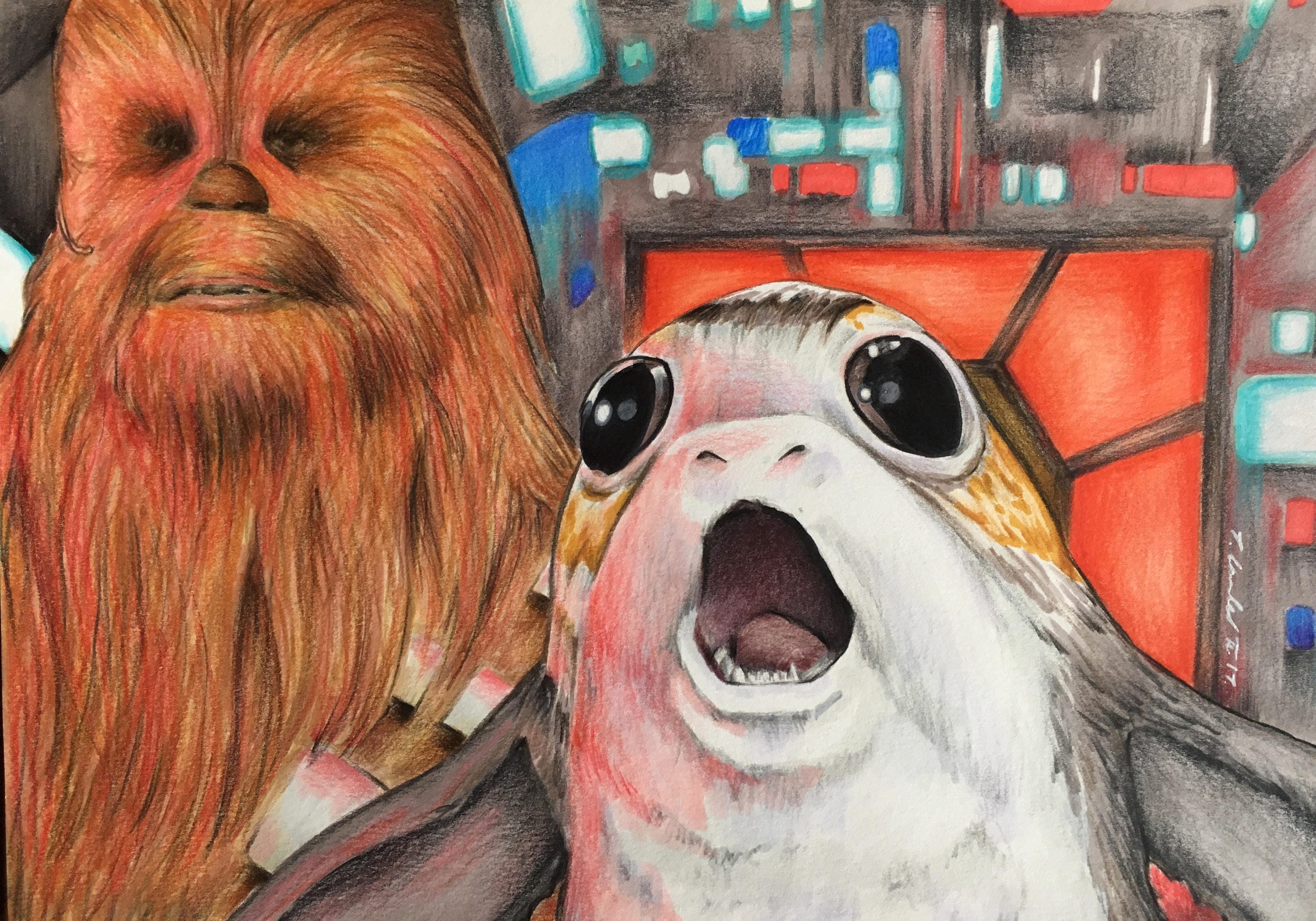 Porg & Chewbacca original drawing fan-art A4. Star Wars The