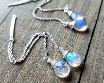 Rainbow moonstone earrings - ear threaders - threader earrings - silver chain earrings - rainbow moonstone jewelry - silver ear threads