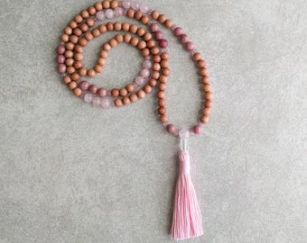 Mala Necklace - Rosewood with Pink Rose Quartz / Rhodonite - Meditation Beads - Balance - Love & Peace - Gifts For Her - Item # 996