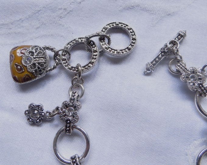 Vintage Charm Toggle Bracelet, Enamel Purses, Rhinestone Daisies, Designer Style