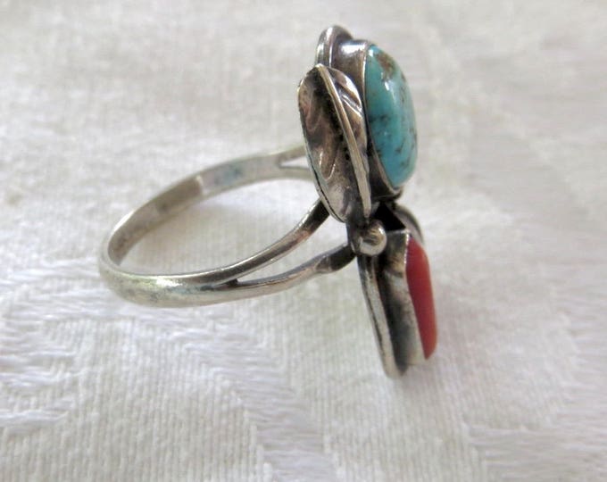 Vintage Navajo Ring, Sterling Silver Leaves, Turquoise Ring, Coral Ring, Native American, Southwest Jewelry, Old Pawn Ring, Size 8