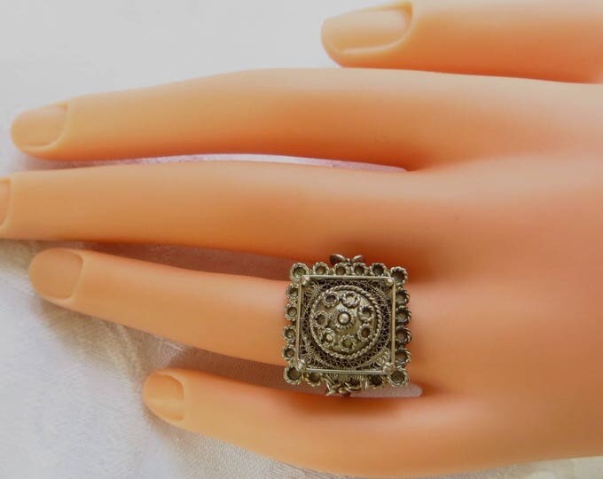 Vintage Poison Ring, 800 Silver Filigree Ring, Size 9.5, Bali Style Boho Ring