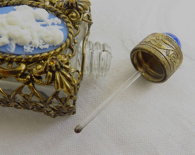 Mini Perfume Bottle, Filigree Casing, Cherub Cameo Front, Cobalt Cabochon Lid, Vintage Perfume Holder