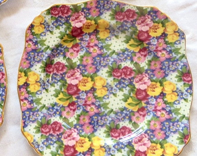 Royal Winton Julia Plate, Lot, Lot of 4, Salad Dessert, Julia Square Plate, Grimwades Bone China, Made in England, Multicolor Chintz