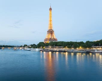 Paris Photography Print - Eiffel Tower at Dusk - Paris Wall Art - Blue / Yellow Art Print