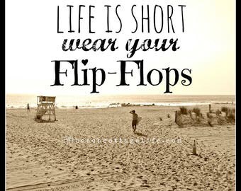 Life is Short Wear Your FLIP FLOPS / sepia Seaside Surfer Lifeguard Stand Sandy Beach grass Coastal Living Quote Square Art Photography
