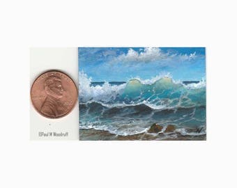 Original dollhouse mini painting, ocean wave tropical sandy beach tiny miniature 1.5x2" Paul Woodruff