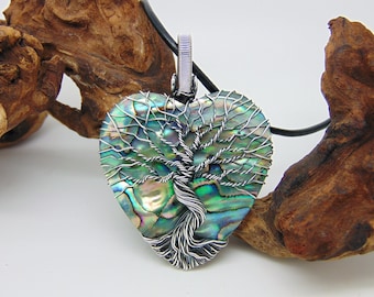 Abalone Tree Of Life Pendant - Wire Wrapped Jewellery - Paua Shell Necklace - Yggdrasil Pendant - World Tree - Heart Pendant - Shell Jewelry