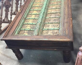 Antique Coffee Table Brass Horse Carved Chai Tables Green Rustic Indian Mediterranean Chic Bohemian Decor