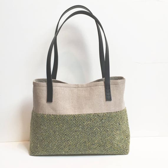 Shades of Green Tweed and French Linen Handmade Handbag