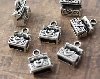 10 Tiny Treasure Chest Charms Charms Antiqued Silver Tone 3D 10 x 10 mm