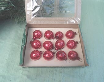 12 small, 1", red glass ornaments in original box / vintage red / feather Christmas tree bauble
