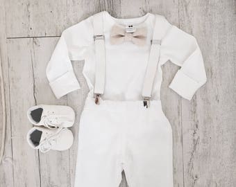 Baby boy Baptism outfit with white onesie, suspenders and bow tie in natural linen or grey/white/blue cotton and matching pants or shorts