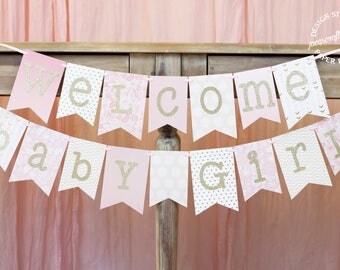 Pink and Gold Baby Shower Banner | Welcome Baby Girl
