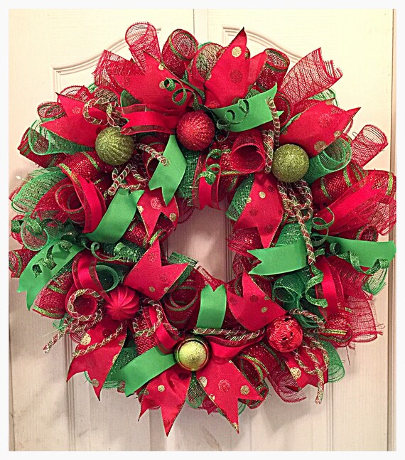 Christmas Lime and Red Deco Mesh Wreath/Christmas Wreath/Lime