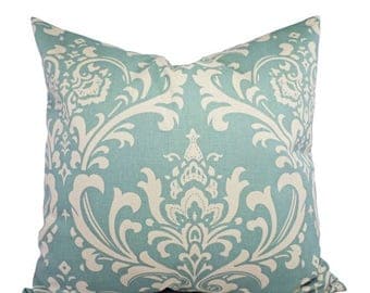 15% OFF SALE Damask Pillow Cover - Two Spa Blue Damask Decorative Pillow Covers Light Blue and Beige - Blue Throw Pillow Cushion Cover Accen