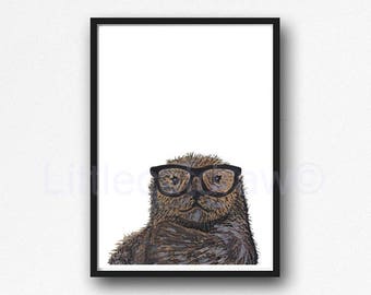Otter Print Geek Otter Cool Nerd Wearing Glasses Otter Watercolor Painting Animal Art Print Wall Decor Wall Art Home Decor Otter Gift