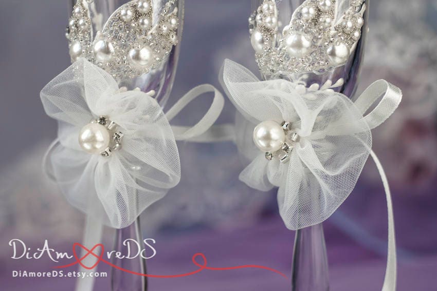 Embroidery wedding champagne flutes pearl rhinestone