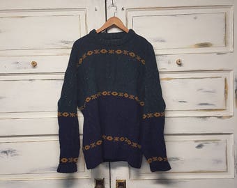 Vintage Eddie Bauer wool sweater; Navy/green and gold
