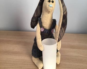 Tom rabbit candle hand-stitched and his overalls crocheted with led candle