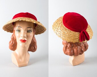 Vintage 1950s Hat | 50s Straw Sun Hat Red Velvet Wide Brim Picture Hat