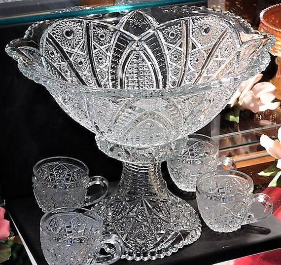 1890s EAPG Punch Bowl Pedestal Stand Cups Set Indiana 123 Panelled Daisies Finecut Antique Victorian Glass Wedding Table Cottage Home Decor