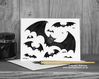 Vampire Bats Card, Halloween Card, Bat Greeting Card, Bat Note Card, Gothic Card, Happy Halloween, Birthday Card, Thank you Card, Blank Card