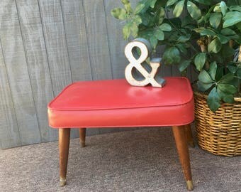 Midcentury , Cheery Red Vinyl Ottoman, Vintage Footstool
