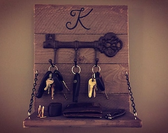 Monogram entry organizer with antique key and hanging shelf