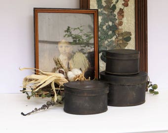 Small Rustic Tin Boxes With Lid Primitive Set Of 3 Oval Black Metal Small Rustic Tin Boxes With Lid Primitive Set Of 3 Oval Black Metal