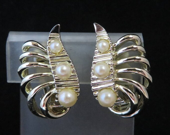 Vintage Marboux Earrings, Marcel Boucher Earrings, Goldtone Faux Pearl Earrings, Signed Designer Clip-on Earrings Vintage Marboux Earrings, Marcel Boucher Earrings, Goldtone Faux Pearl Earrings, Signed Designer Clip-on Earrings